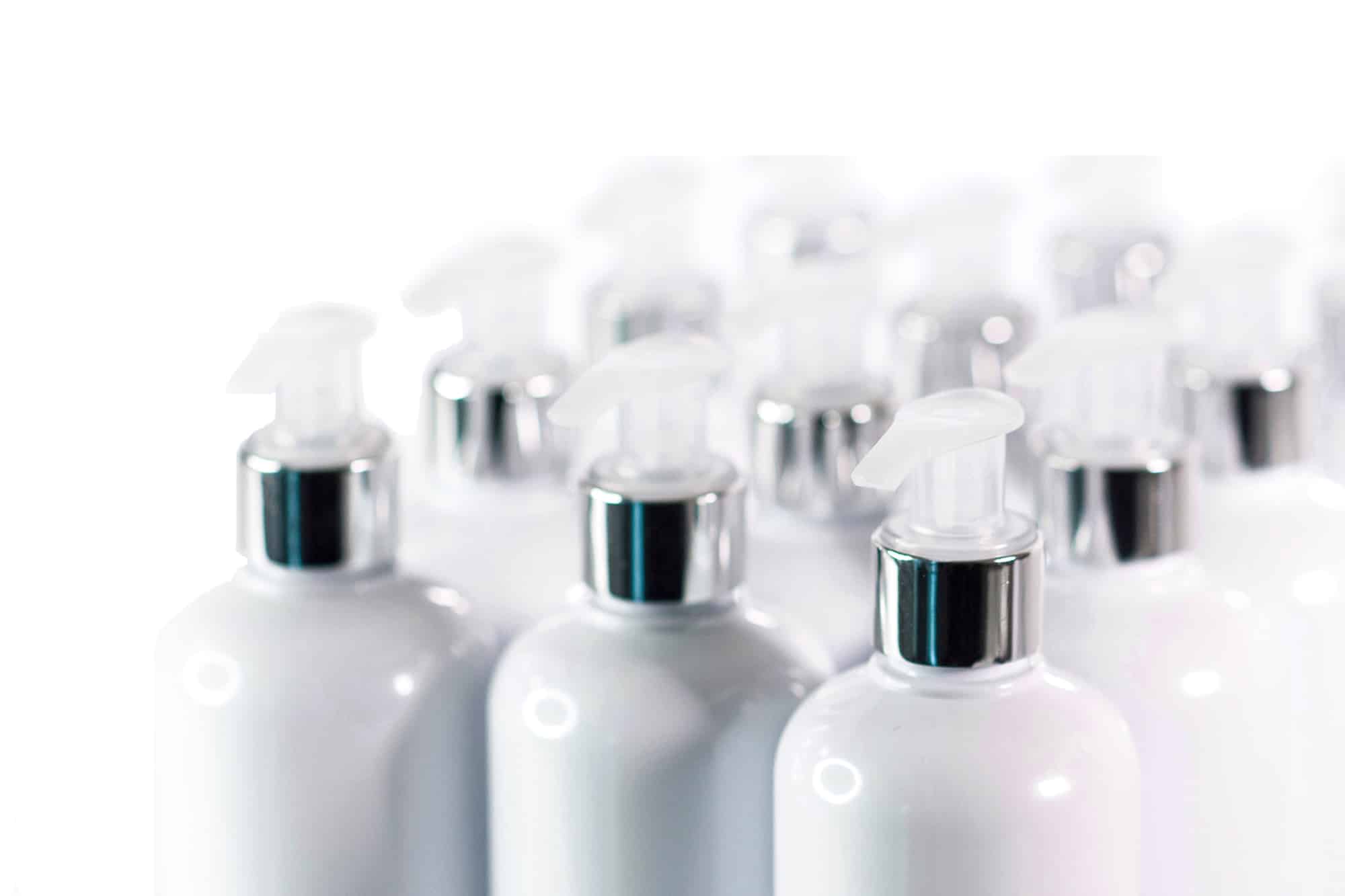 White Pet Bottles with Lotion Pump Shroud Silver shiny